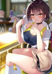 Rule 34 | 6+girls, ahoge, azur lane, baltimore (after-school ace) (azur lane), baltimore (azur lane), black choker, black skirt, blurry, blurry background, blush, breasts, brown hair, character request, choker, classroom, cleavage, closed mouth, clothes around waist, collarbone, collared shirt, commentary request, competition swimsuit, covered erect nipples, cygnet (azur lane), depth of field, desk, eldridge (azur lane), finger to mouth, hato haru, highres, honolulu (azur lane), large breasts, multiple girls, one-piece swimsuit, open clothes, open shirt, pleated skirt, school desk, school uniform, shirt, shoes, skirt, smile, socks, solo focus, sweatdrop, sweater, sweater around waist, swimsuit, swimsuit under clothes, unbuttoned, unbuttoned shirt, uwabaki, white legwear, white shirt, yellow eyes