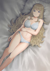 Rule 34 | 1girl, absurdres, bed sheet, blonde hair, bow, bow bra, bow panties, bra, breasts, collarbone, from above, grey bra, grey panties, hair spread out, hand on own stomach, highres, indoors, lace, lace-trimmed bra, lace-trimmed panties, lace trim, legs together, long hair, looking at viewer, lying, medium breasts, navel, on back, original, panties, parted lips, pillow, solo, striped bra, striped clothes, striped panties, sunoko (kves3787), underwear, underwear only, vertical-striped bra, vertical-striped clothes, vertical-striped panties