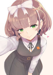 Rule 34 | 1girl, absurdres, asuka hina, belt, belt buckle, black belt, black ribbon, blush, bow, brown background, brown hair, buckle, closed mouth, collared shirt, commentary request, dress, gradient background, green eyes, grey dress, hair bow, head tilt, heart, highres, long hair, looking at viewer, neck ribbon, nijisanji, outstretched arm, reaching, reaching towards viewer, ribbon, shirt, sleeveless, sleeveless dress, smile, solo, temari rin, virtual youtuber, white background, white bow, white shirt