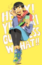 Rule 34 | 1boy, :d, bad id, bad pixiv id, black hair, cellphone, dark-skinned male, dark skin, english text, grey eyes, hood, hoodie, male focus, open mouth, phichit chulanont, phone, shoes, shorts, sitting, smartphone, smile, sneakers, usshi (usi dada), yuri!!! on ice