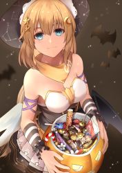 Rule 34 | 2girls, absurdres, artist request, bare shoulders, blonde hair, blue eyes, breasts, cleavage, closed mouth, fal (girls&#039; frontline), fnc (candy thief) (girls&#039; frontline), fnc (girls&#039; frontline), giant, giantess, girls&#039; frontline, gtscommissions, hair between eyes, hair ornament, hair ribbon, hairclip, halloween, halloween bucket, halloween costume, happy halloween, highres, long hair, looking at viewer, medium breasts, multiple girls, official alternate costume, open mouth, ribbon, scarf, simple background, smile, wings, yellow scarf
