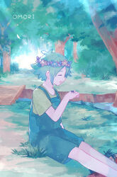 Rule 34 | 1boy, absurdres, antenna hair, aqua hair, aqua overalls, arm at side, basil (headspace) (omori), basil (omori), blue flower, bug, closed eyes, copyright name, feet out of frame, flower, grass, green shirt, head wreath, highres, light rays, omori, on grass, open mouth, outdoors, overall shorts, overalls, purple flower, shirt, short hair, short sleeves, sitting, smile, solo, spider, toukashi (2tou9), tree