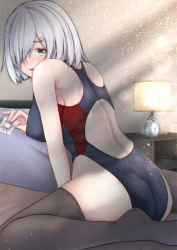 Rule 34 | 1girl, aga marino, alarm clock, ass, bed, black one-piece swimsuit, black thighhighs, blue eyes, clock, commentary request, competition swimsuit, condom, condom wrapper, from behind, hair ornament, hair over one eye, hairclip, hamakaze (kancolle), kantai collection, lamp, looking at viewer, one-piece swimsuit, pillow, short hair, silver hair, sitting, solo, swimsuit, thighhighs, wariza