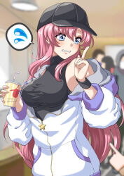 Rule 34 | 1girl, absurdres, baseball cap, black headwear, black sweater, blue eyes, blurry, blurry foreground, blush, finger to mouth, gundam, gundam seed, gundam seed destiny, hair between eyes, halo, hat, highres, holding, hood, hood down, hooded jacket, index finger raised, jacket, long hair, long sleeves, meer campbell, partially unzipped, pink hair, pointing, pointing at another, shushing, sleeveless, sleeveless sweater, solo, speech bubble, straight hair, sweater, turtleneck, turtleneck sweater, upper body, very long hair, white jacket, wristband, yokoshimahama