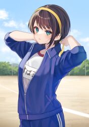 Rule 34 | 1girl, alternate costume, aqua eyes, arms up, blue jacket, blue sky, breasts, brown hair, cloud, cloudy sky, collared jacket, commentary request, cowboy shot, day, gym uniform, hairband, highres, hololive, jacket, long sleeves, looking at viewer, name tag, oozora subaru, outdoors, parted lips, partially unzipped, shirt, short hair, sidelocks, sky, small breasts, solo, swept bangs, toramaru (toramal9831), track suit, translated, virtual youtuber, white shirt, yellow hairband