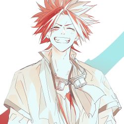 Rule 34 | 1boy, akaboshi bisco, facial tattoo, facing viewer, goggles, goggles around neck, grin, male focus, red hair, sabikui bisco, short hair, simple background, smile, spiked hair, tattoo, upper body, white background, yuz46