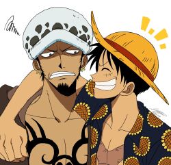 Rule 34 | 2boys, arm around shoulder, artist name, black hair, clenched teeth, closed eyes, commentary request, earrings, facial hair, facial scar, fur hat, goatee, hat, highres, jewelry, keppon, male focus, monkey d. luffy, multiple boys, one piece, open clothes, scar, scar on cheek, scar on chest, scar on face, short hair, sideburns, signature, simple background, smile, straw hat, tattoo, teeth, trafalgar law