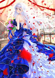 Rule 34 | 1girl, azur lane, backless dress, backless outfit, bare shoulders, belfast (azur lane), blue dress, blue eyes, blue ribbon, blurry, blurry background, blurry foreground, blush, bouquet, breasts, brown flower, brown rose, closed mouth, commentary request, detached sleeves, dress, earrings, flower, glint, hair between eyes, head tilt, highres, holding, holding bouquet, indoors, jewelry, large breasts, long hair, looking at viewer, looking back, petals, pink flower, pink rose, purple flower, purple rose, red ribbon, ribbon, rose, see-through, silver hair, smile, solo, stairs, standing, strapless, strapless dress, swordsouls, tiara, veil, very long hair, yellow flower