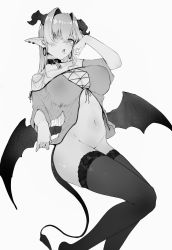 Rule 34 | 1girl, absurdres, bare shoulders, bottomless, breasts, cleavage, collar, demon girl, demon tail, earrings, front-tie top, grain, greyscale, hair in own mouth, hair intakes, hair over eyes, highres, hoop earrings, horns, jewelry, large breasts, long hair, low wings, monochrome, multiple earrings, navel, original, pointy ears, simple background, solo, tail, thighhighs, tongue, tongue out, wings