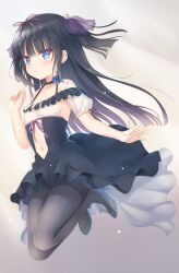 Rule 34 | 1girl, bare shoulders, black choker, black dress, black hair, black thighhighs, blue eyes, blue flower, blue rose, blush, breasts, choker, closed mouth, clothing cutout, commentary request, dress, floating, flower, full body, gradient background, hair ribbon, halterneck, hand up, high heels, highres, kneeling, long hair, na-ga, navel, neck flower, original, pearl hair ornament, puffy short sleeves, puffy sleeves, purple ribbon, ribbon, rose, short sleeves, sidelocks, small breasts, solo, stomach cutout, thighhighs, variant set