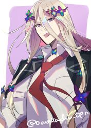 Rule 34 | 1boy, :p, artist name, black jacket, blonde hair, border, breast pocket, choker, closed mouth, collared shirt, fate/grand order, fate (series), flower, flower choker, hair between eyes, hair flower, hair ornament, hairclip, highres, jacket, jacket on shoulders, kiritachi, long hair, long sleeves, looking at viewer, male focus, necktie, official alternate costume, outside border, pocket, purple background, purple choker, purple eyes, purple flower, school uniform, shirt, simple background, solo, tongue, tongue out, twitter username, very long hair, white border, white shirt, wing collar, wolfgang amadeus mozart (fate)