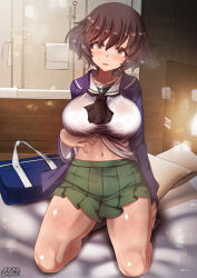 Rule 34 | 1girl, akiyama yukari, bed, blush, breasts, brown eyes, brown hair, clothes lift, covered erect nipples, girls und panzer, highres, indoors, large breasts, lifting own clothes, looking at viewer, megadeko, navel, on bed, ooarai school uniform, open mouth, school uniform, shirt lift, short hair, skirt, smile, solo