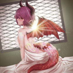Rule 34 | 1girl, ass, backlighting, bare back, bare shoulders, bed sheet, blurry, blush, breasts, butt crack, closed mouth, commentary request, day, depth of field, dragon girl, dragon horns, dragon tail, dragon wings, dutch angle, from side, frown, granblue fantasy, grea (shingeki no bahamut), highres, horns, indoors, kneeling, leaning forward, lens flare, light rays, looking at viewer, looking to the side, manaria friends, medium breasts, naked sheet, nose blush, orange eyes, pointy ears, profile, purple hair, scales, shedding, shedding skin, shingeki no bahamut, short hair, sideboob, sideways glance, solo, sparkle, spikes, sunbeam, sunlight, tail, window, wings, xia zhi chong yin xu ruo dan qing