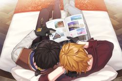 Rule 34 | 2boys, ahoge, book, brown hair, casual, chisuke 1104, contemporary, couch, couple, crossed legs, from above, genshin impact, gradient hair, hair between eyes, heads together, long hair, male focus, multicolored hair, multiple boys, on couch, open book, ponytail, reading, short hair, tartaglia (genshin impact), yaoi, zhongli (genshin impact)
