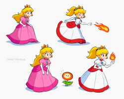 Rule 34 | 1girl, artist name, blonde hair, crown, dress, earrings, elbow gloves, fire, fire flower, fire flower (transformation), fire peach, full body, gem, gloves, hair between eyes, hand up, high heels, highres, jewelry, long hair, looking to the side, mario (series), nintendo, one eye closed, open mouth, pink dress, ponytail, princess peach, puffy short sleeves, puffy sleeves, shadow, short sleeves, solo, super mario 3d world, vinny (dingitydingus), white background, white dress, white gloves