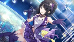 Rule 34 | 1girl, armpit crease, belt, black hair, bloom, blurry, blurry background, boots, bow, breasts, cleavage, clothing cutout, collarbone, diamond (shape), dutch angle, frilled skirt, frills, game cg, gem, gloves, hair ornament, hair ribbon, half updo, holding, holding microphone, idolmaster, idolmaster shiny colors, kazano hiori, knee boots, light particles, long hair, looking at viewer, medium breasts, microphone, midriff, mole, mole under mouth, music, navel, open mouth, outstretched hand, ponytail, purple bow, purple brooch, purple eyes, purple footwear, purple gloves, purple ribbon, purple shirt, purple skirt, purple vest, reflective floor, ribbon, ripples, shirt, silver chain, singing, skirt, sleeveless, smile, solo, sparkle, stained glass, standing, stomach cutout, thighs, vest, water drop, yellow bow