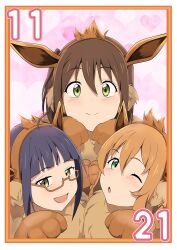 Rule 34 | 3girls, ;o, absurdres, animal ears, animal hands, asagi (love live!), black hair, blunt bangs, brown hair, closed mouth, commentary request, cosplay, dated, eevee, eevee (cosplay), eevee ears, fake animal ears, fur collar, gen 1 pokemon, gloves, hair between eyes, heart, heart background, highres, iroha (love live!), kyoko (love live!), light blush, long hair, looking at viewer, love live!, love live! nijigasaki high school idol club, medium hair, multiple girls, november, one eye closed, one side up, open mouth, parted lips, paw gloves, paw pose, semi-rimless eyewear, smile, yellow eyes, zasshoku ojisan