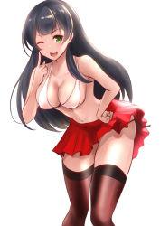 Rule 34 | 1girl, agano (kancolle), black hair, black thighhighs, blush, bra, breasts, eureka (eureka-0075), gloves, green eyes, kantai collection, large breasts, long hair, looking at viewer, navel, open mouth, pleated skirt, red skirt, simple background, skirt, solo, thighhighs, underwear, white background, white bra