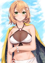 Rule 34 | 1girl, absurdres, aratake, bikini, blonde hair, blue sky, blush, breasts, cleavage, closed mouth, collarbone, crossed arms, girls&#039; frontline, green eyes, hair ornament, hairclip, highres, lips, looking at viewer, medium breasts, medium hair, mole, mole under eye, navel, official alternate costume, px4 storm (girls&#039; frontline), px4 storm (seaside paradigm) (girls&#039; frontline), see-through, sky, smile, solo, standing, swimsuit, upper body, white bikini