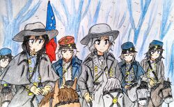 6+girls black_eyes black_hair blue_hat blue_jacket cigar confederate_states_of_america grey_eyes grey_hair grey_hat grey_jacket hat highres horse jacket kepi military_hat military_uniform multiple_girls original robert_e._lee short_hair traditional_media yo_(pixiv88053021)