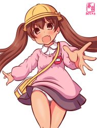 Rule 34 | 1girl, alternate costume, artist logo, bag, brown eyes, brown hair, commentary request, cowboy shot, dark skin, dated, fang, foreshortening, gluteal fold, grey skirt, hat, kanon (kurogane knights), kantai collection, kindergarten bag, kindergarten uniform, libeccio (kancolle), long hair, long sleeves, looking at viewer, name tag, one-hour drawing challenge, panties, pink shirt, pleated skirt, school hat, school uniform, shirt, simple background, skin fang, skirt, solo, twintails, underwear, white background, white panties, yellow hat