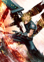 Rule 34 | 1boy, biceps, blonde hair, buster sword, cloud strife, commentary request, final fantasy, final fantasy vii, final fantasy vii remake, gauntlets, green eyes, highres, holding, holding sword, holding weapon, huge weapon, male focus, materia, muscular, pants, sleeveless, sleeveless turtleneck, solo, spiked hair, sword, tdsuke, turtleneck, weapon