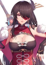 Rule 34 | 1girl, beidou (genshin impact), breasts, brown hair, china dress, chinese clothes, colored eyepatch, dress, eyepatch, fingerless gloves, genshin impact, gloves, large breasts, long hair, looking at viewer, pnatsu, red dress, red eyes, simple background, solo, very long hair, white background