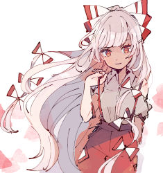 Rule 34 | 1girl, blood, blood on face, blunt bangs, bow, closed mouth, collared shirt, commentary, dot nose, eyebrows hidden by hair, floating hair, fujiwara no mokou, hair bow, hair over shoulder, hand in pocket, hand up, head tilt, light smile, long hair, mozukuzu (manukedori), ofuda, ofuda on clothes, pants, ponytail, red eyes, red pants, shirt, short sleeves, simple background, solo, suspenders, suspenders pull, torn clothes, torn sleeves, touhou, very long hair, white background, white bow, white hair, white shirt
