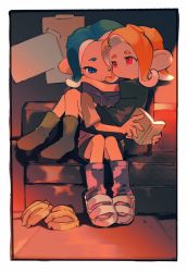Rule 34 | 2girls, absurdres, black shorts, blue eyes, blue hair, book, closed mouth, couch, drawstring, flip-flops, green socks, highres, holding, holding book, hug, inari1369, long hair, multiple girls, nintendo, octoling, octoling girl, octoling player character, on couch, one eye closed, orange hair, pink socks, red eyes, sandals, short sleeves, shorts, sitting, sitting on lap, sitting on person, socks, splatoon (series), splatoon 3, suction cups, tentacle hair, white footwear