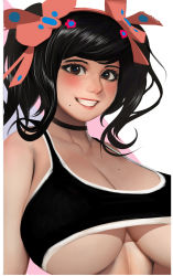 Rule 34 | 1girl, black hair, bow, breasts, brown eyes, choker, cleavage, collar, flower, freckles, grin, hair bow, hair flower, hair ornament, hairband, highres, huge breasts, looking at viewer, medium hair, original, parted lips, randy (awesomevillage), smile, solo, sports bra, teeth, twintails, underboob, upper body