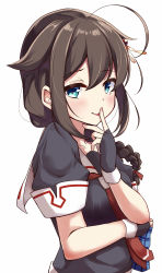 Rule 34 | 1girl, ahoge, black gloves, black hair, black serafuku, blue eyes, braid, commentary request, fingerless gloves, gloves, hair flaps, hair ornament, hair over shoulder, highres, kantai collection, looking at viewer, neckerchief, red neckerchief, school uniform, serafuku, shigure (kancolle), shigure kai ni (kancolle), simple background, single braid, solo, soramuko, tongue, tongue out, upper body, white background