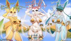 Rule 34 | 3girls, belly dancer, breasts, burgerkiss, cleft of venus, creatures (company), dancer, game freak, gen 4 pokemon, gen 6 pokemon, glaceon, heart, heart-shaped pupils, jewelry, large breasts, leafeon, mouth veil, multiple girls, nintendo, pokemon, pokemon (creature), ribbon, sylveon, symbol-shaped pupils, thighs, veil