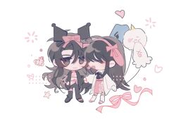 Rule 34 | 2girls, animal balloon, animal ears, balloon, black eyes, black footwear, black hair, black jacket, black pants, bow, chibi, closed eyes, closed mouth, commentary, dress, fake animal ears, full body, genderswap, genderswap (mtf), hair between eyes, hair bow, heart, highres, holding, holding balloon, holding hands, jacket, kim dokja, kuromi, long hair, long sleeves, looking at another, multiple girls, omniscient reader&#039;s viewpoint, open mouth, pants, pink bow, pink dress, rabbit ears, shin yoosung, simple background, smile, standing, symbol-only commentary, white background, white jacket, ya qaq, yoo joonghyuk