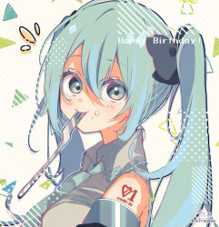 Rule 34 | 1girl, absurdres, aqua hair, bare shoulders, black bow, blush, bow, closed mouth, collared shirt, detached sleeves, diagonal stripes, food, food on face, green eyes, green necktie, grey shirt, hair between eyes, hair bow, happy birthday, hatsune miku, highres, long hair, looking at viewer, mouth hold, necktie, notice lines, shirt, signature, sleeveless, sleeveless shirt, sofra, solo, striped, twintails, twitter username, upper body, utensil in mouth, vocaloid