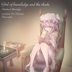 Rule 34 | 1girl, aosiro-michi, artist name, bespectacled, book, candle, chair, character name, crescent, cup, english text, female focus, glasses, hat, legs, long hair, open book, patchouli knowledge, purple hair, reading, solo, touhou