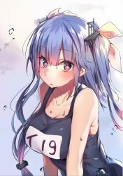 Rule 34 | 10s, 1girl, blue eyes, blue hair, breasts, female focus, gradient hair, hair between eyes, hair ribbon, i-19 (kancolle), kantai collection, large breasts, long hair, looking at viewer, matching hair/eyes, multicolored hair, name tag, one-piece swimsuit, open mouth, pink hair, ribbon, school swimsuit, solo, soukou makura, star-shaped pupils, star (symbol), swimsuit, symbol-shaped pupils, twintails