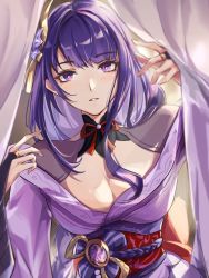 Rule 34 | 1girl, arm up, armor, blunt bangs, blush, braid, breasts, bridal gauntlets, bright pupils, chenzcy, cleavage, collarbone, commentary, curtains, english commentary, eyelashes, genshin impact, hair ornament, highres, japanese clothes, kimono, large breasts, long hair, long sleeves, looking at viewer, low-braided long hair, low-tied long hair, nail polish, obi, obiage, obijime, open mouth, parted lips, purple eyes, purple hair, purple kimono, purple nails, raiden shogun, sash, shoulder armor, shrug (clothing), smile, solo, upper body, wide sleeves