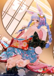 Rule 34 | 1girl, :d, animal ear fluff, animal ears, barefoot, blue hair, blush, braid, carrot hair ornament, casino (casinoep), feet, floral print, flower, folding fan, food-themed hair ornament, from behind, full body, hair flower, hair ornament, hand fan, highres, holding, holding fan, hololive, indoors, japanese clothes, kimono, looking at viewer, looking back, multicolored hair, off shoulder, open mouth, print kimono, rabbit ears, rabbit hair ornament, rabbit tail, red eyes, round window, single bare shoulder, sitting, smile, solo, tail, thick eyebrows, twin braids, twintails, twitter username, two-tone hair, usada pekora, virtual youtuber, white hair, window