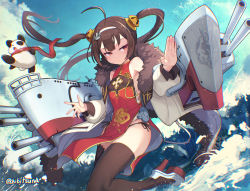 Rule 34 | 1girl, ahoge, anchor hair ornament, armpits, azur lane, black panties, black thighhighs, blue sky, breasts, brown hair, china dress, chinese clothes, cloud, day, dress, fur collar, hair ornament, hairband, hibi tsuna, high heels, jacket, long hair, long sleeves, outdoors, panties, ping hai (azur lane), red dress, red eyes, serious, side-tie panties, sky, small breasts, solo, thighhighs, twintails, twitter username, underwear, water, white hairband, white jacket