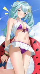 Rule 34 | 1girl, absurdres, aqua hair, bare shoulders, bikini, blue footwear, blue sky, blush, bracelet, breasts, cleavage, cloud, day, faruzan (genshin impact), front-tie bikini top, front-tie top, genshin impact, green eyes, haerge, hair ornament, highres, inflatable toy, jewelry, long hair, looking at viewer, navel, outdoors, pleated skirt, purple bikini, skirt, sky, small breasts, solo, standing, stomach, string bikini, swimsuit, symbol-shaped pupils, triangle-shaped pupils, tsurime, twintails, wristlet, x hair ornament