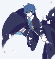 Rule 34 | 1boy, blue eyes, blue hair, blue jacket, blue neckwear, blue pants, blue vest, clothes lift, collared shirt, expressionless, flower, formal, full body, jacket, jacket lift, kaito (vocaloid), legs up, long jacket, male focus, necktie, pants, shirt, suit, suit jacket, vest, vocaloid, white shirt, yoshiki