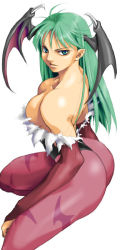 Rule 34 | 1girl, animal print, antenna hair, bare shoulders, bat print, breasts, capcom, demon girl, elbow gloves, from side, gloves, green eyes, green hair, head wings, large breasts, long hair, matching hair/eyes, morrigan aensland, pantyhose, parted bangs, print pantyhose, purple pantyhose, scowl, sideboob, simple background, solo, vampire (game), white background, wings
