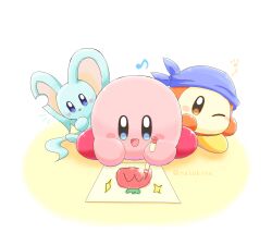 Rule 34 | :d, artist name, bandana, bandana waddle dee, blue bandana, blue eyes, blush, blush stickers, brown eyes, commentary request, crayon, drawing, eighth note, elfilin, holding, holding crayon, kirby, kirby (series), looking at viewer, maxim tomato, musical note, nasubino (ramowarabi), nintendo, no humans, notice lines, one eye closed, open mouth, paper, simple background, sitting, smile, twitter username, white background