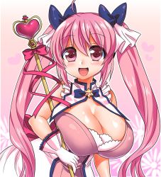 Rule 34 | 1girl, :d, adite, ahoge, bemani, blue bow, blush, bow, breasts, cleavage, eyes visible through hair, gloves, gradient background, hair between eyes, hair bow, heart, large breasts, long hair, looking at viewer, multiple hair bows, museca, open mouth, outline, pink eyes, pink hair, sate hatena, smile, solo, staff, twintails, very long hair, white gloves, white outline