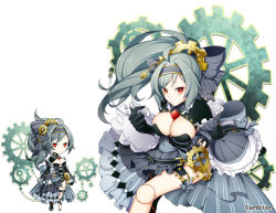 Rule 34 | 1girl, ahoge, aki no jikan, arms at sides, asymmetrical legwear, black gloves, black legwear, bow, breasts, cleavage, detached sleeves, doll joints, dress, gear hair ornament, gears, gloves, grey bow, hand up, headband, high ponytail, joints, long hair, looking at viewer, maru-kichi, multiple views, official art, thigh strap, uneven legwear, wide sleeves