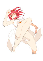 Rule 34 | 1girl, angry, bare legs, barefoot, bottomless, breasts, convenient censoring, convenient leg, dress, fighting stance, kicking, magi the labyrinth of magic, medium breasts, midair, morgiana, no panties, papapupu, red eyes, red hair, simple background, solo, white dress