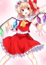 Rule 34 | 1girl, :d, absurdres, ascot, blonde hair, blouse, blush, bow, crystal, eyes visible through hair, fang, feet out of frame, flandre scarlet, frilled shirt collar, frills, hat, hat ribbon, highres, legs apart, looking at viewer, mob cap, open mouth, petticoat, pink background, puffy short sleeves, puffy sleeves, red bow, red eyes, red ribbon, red skirt, red vest, ribbon, shimohuri (novazz221), shirt, short sleeves, skin fang, skirt, skirt set, smile, solo, sparkle, touhou, vest, white shirt, wings, wrist cuffs