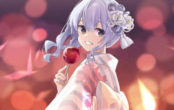 Rule 34 | 1girl, blue hair, blurry, bokeh, candy apple, commentary, depth of field, food, grey eyes, grin, hair ornament, highres, holding, holding food, hololive, hoshimachi suisei, japanese clothes, kanzashi, kimono, kotake 8, looking back, nail polish, obi, sash, smile, solo, virtual youtuber