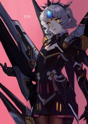 Rule 34 | 1girl, absurdres, adapted costume, arm at side, armor, armored dress, black dress, black gloves, brown pantyhose, character name, commentary, cowboy shot, dress, elsword, empty eyes, eve (elsword), facial mark, faulds, forehead jewel, gloves, grey hair, highres, huge weapon, looking at viewer, mechanical wings, on (isk1812), pale skin, pantyhose, parted bangs, parted lips, pink background, short hair, shoulder armor, simple background, solo, tiara, weapon, whisker markings, wings, yellow eyes