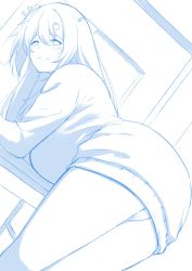Rule 34 | 1girl, ass, bent over, breasts, commentary, english commentary, eyebrows hidden by hair, highres, hime hajime, kaitofuuma, large breasts, light smile, long hair, looking back, monochrome, object through head, open mouth, panties, power symbol, screw in head, side ponytail, sketch, smile, solo, underwear, unfinished, virtual youtuber, vshojo